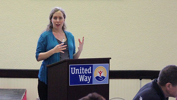 Ann Austin, executive director of the Freeborn County United Way, speaks to a crowd of about 50 people Wednesday at the United Way's annual meeting. -- Kelli Lageson/Albert Lea Tribune
