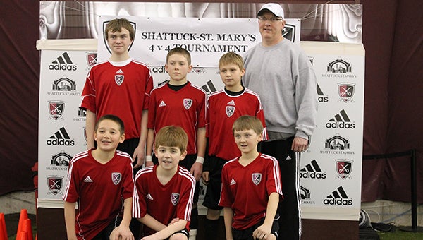 Four residents of Albert Lea, Drew Sorenson, Parker Andersen, Max Pleimling and Cole Indrelie participated as part of the 12U Shattuck/St. Mary’s 4x4 youth soccer team that placed third at a tournament in Faribault at the Shattuck Sports Complex on Saturday. In the front row from the left are Ian McCaughey, Tyler Severson and Indrelie. In the back row from the left are Andersen, Sorenson, Pleimling, and coach Tom Sorenson. Coach Sorenson, also from Albert Lea, helped his team to a 3-1-1 record. — Submitted