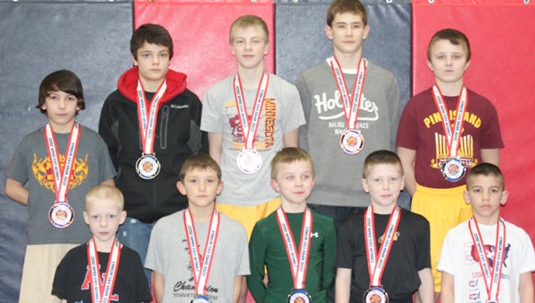 Ten kindergarten through eighth grade Albert Lea Area wrestlers placed at the Gopher State National Tournament in Monticello on Feb. 9 and 10. More than 1,000 wrestlers participated. Four Albert Lea Area wrestlers made the finals and six more also placed in the top five. Champions were Brody Nielson and Caleb Talamantes. Zach Glazier and Cole Glazier earned second, Blake Simon, Gavin Ignaszewski and Nic Cantu took third, Kail Wynia and Mike Olson took fourth and Joey Flores took fifth. Front row from the left are Olson, Talamantes, Cole Glazier, Wynia and Flores. Second row from the left are Cantu, Nielson, Ignaszewski, Simon and Zach Glazier. --Submitted