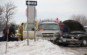 Multiple injuries were reported Friday afternoon after a three-car crash at the intersection of U.S. Highway 65 and 19th Street. -- Sarah Stultz/Albert Lea Tribune