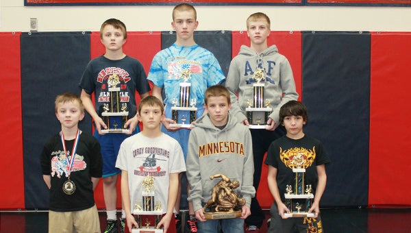Eight wrestlers from Albert Lea competed at the Liberty National wrestling championships in Kansas City, MO, on Feb. 23. Front row from the left are Cole Glazier, fourth place; Caleb Talamantes, third; Garrett Aldrich, champion; and Nic Cantu, second. Back row from the left are Zach Glazier, second; Brady Nielsen, second; and Gavin Ignaszewski, second. Not pictured is Santana Acosta, sixth. — Submitted