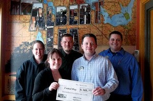 Applebee’s in Albert Lea partnered with the United Way of Freeborn County for its first ever Dine to Donate. When people dined at Applebee’s they could inform their server they would like to donate to the United Way and 15 percent of the bill would then be donated to United Way of Freeborn County. The event ran on Tuesdays from Jan. 29 to Feb. 26 and raised $105.77. Pictured from left are Amber Anderson, kitchen manager, Amanda Weiss, United Way office administrator, Glade Churchward, service manager, Nathan Nicholson, general manager, Eddie Buretta, bar and host manager. --Submitted