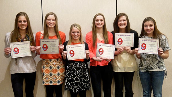 Six members of the Albert Lea girls’ hockey team earned Big Nine All-Conference honors. From the left are Kenzie Waldemar, Honorable Mention; Hannah Savelkoul, All-Conference; Sydney Overgaard, All-Conference; Anna Anderson, All-Conference; Sarah Savelkoul, Honorable Mention and Katie Schwartz, Honorable Mention. Captains for the season were Overgaard, Anderson and Waldemar. Overgaard also received the Hobey Baker award. Individual award winners for the season were Anderson, Most Outstanding Player; and Ashley Willett, Most Improved Player. Not pictured was Holly Wichmann, Rookie of the Year. — Submitted