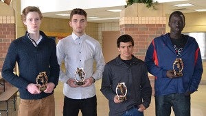 The Albert Lea boys’ basketball team held a postseason banquet to celebrate the 2012-13 season Sunday. From the left, awards were presented to senior Dylan See-Rockers (Most Valuable Player), senior Tyler Shaw (Defensive Player of the Year), senior Jorge Sena (Offensive Player of the Year) and junior Goding Wall (Most Improved Player of the Year). The Tigers finished the season 12-14 overall, 7-11 in the Big Nine Conference and 4-6 in Section 1AAA. — Submitted