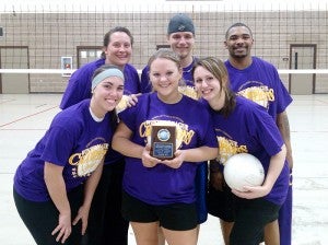 In the Albert Lea Parks and Recreation adult volleyball coed B league, the champion was Doyle’s Custom Cycles. Front row from the left are Ashley Mathahs, Kylie Indrelie and Krista Doyle. Back row from the left are Jessie Indrelie, Justin Fattum and Leon Whaley. — Submitted
