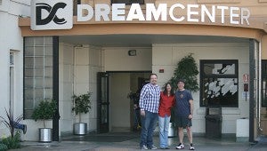 Rural Hayward resident Bryce Gaudian, right, stands in front the Dream Center in Los Angeles with Dan Weik, left, the Dream Center’s director of development, and Ida Somero, the Dream Center’s executive director. --Submitted