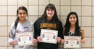 Members of the 2012-13 Albert Lea girls’ basketball B Squad earned recognition. From the left are Natalie Caballero, Offensive Player of the Year; Kathryn Flaherty, Defensive Player of the Year and Jasmine Losolla, Most Improved Player. Maryah Hernandez is not pictured. She earned the Tiger Award. — Submitted