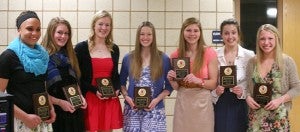 At the 2012-13 Albert Lea girls’ basketball team banquet, individual awards were presented by first-year head coach Lindsey Hugstad-Vaa. From the left are Dominique Villarreal, Defensive Player and Rebounder of the Year; Lindsey Stewart, Tiger Award; Sarah Niebuhr, Sixth Player of the Year; Danielle Staat, Most Improved Player of the Year; Sydney Rehnelt, Most Valuable Player; Megan Kortan, Rookie of the Year and Bryn Woodside, Most Valuable Player. — Submitted