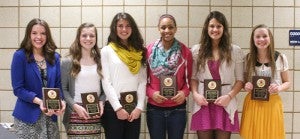 Members of the 2012-13 Albert Lea girls’ junior varsity girls’ basketball team were recognized. From the left are Quinn Peterson, Sixth Player of the Year; Rachel Rehnelt, Rookie of the Year; Franesca Eckstrom, Tiger Award; Lamanda Johnson, Most Improved Player; Caycee Gilbertson Defensive Player and Rebounder of the Year and Katie Rasmussen, Most Valuable Player. — Submitted