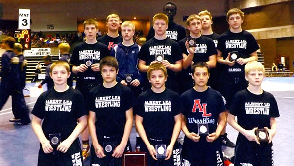 The Albert Lea junior high wrestling team was undefeated in regular season dual competition. Front row from the left are Tyler Harms, Brody Nielsen, Garrett Aldrich, Jessie Hernandez Jr. and Jacob Johnsrud. Middle row from the left are Dylan Lestrud, Gavin Ignaszewski, Alex Bledsoe, Hunter Lowman and Brett Hanson. Back row from the left are Mathew Palmer, Dedoch Chan and Tanner Palmer. Blake Simon is not pictured. — Submitted