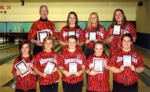 The 2012-13 Albert Lea girls’ bowling team earned a fourth-place finish at the state bowling tournament in Fergus Falls Saturday. Front row from the left are Rachel Reichl, Paige Boyum, Hannah Senne, Tiffany Hallisy and Corissa Freeman. Back row from the left are head coach Loren Kaiser, Brianna Oftedahl, Bree Tlamka and Crystal Skogheim. — Submitted