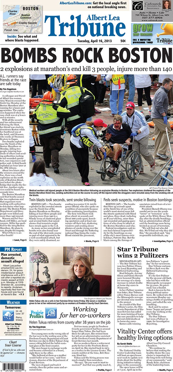 The Front Page of the Albert Lea Tribune for Tuesday, April 16, 2013, reflects the news of carnage in Boston the day before and local ties.
