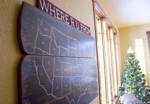 Next to the front door of the Czech Inn Bed & Breakfast & Retreat is a diagram of the United States where people can place a pin in the location they are from.