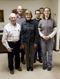 First Baptist Church members from back left are Mike Nelson and Dustin Petersen. In front from left are Marvin Miller, Miriam White and Sheila Petersen.