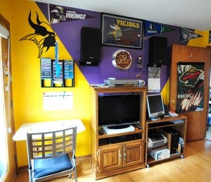 Brad Goette’s room which has been painted in Minnesota Vikings colors, displays other Minnesota teams including the Wild, Lynx, Timberwolves and Gophers.