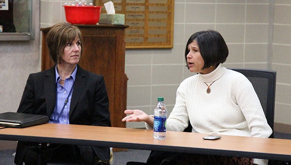 Minnesota Commissioner of Education Brenda Cassellius speaks at a roundtable discussion Wednesday in Albert Lea. Seated to her left is Hawthorne Elementary School Principal Karen Zwolenski, who was among several administrators to attend the roundtable discussion. -- Kelli Lageson/Albert Lea Tribune