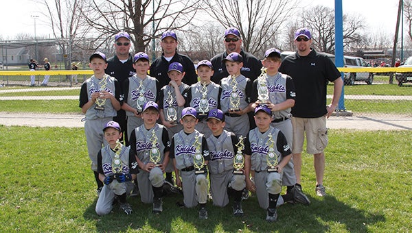 The Albert Lea Knights 10AAA baseball team earned first place at a tournament in Mason City on Saturday and Sunday. The Knights earned a 4-0 record with two wins on each day of the tournament. Front row from the left are Logan Barr, Blake Ulve, Caden Stevens, Joey Flores and Ethan Ball. Middle row from the left are Jack Jellinger, Jake Weseman, Markus Dempewolf, Caden Gardner, Caden Jensen and Trevor Ball. Back row from the left are coaches Todd Ulve, Chris Weseman, Brian Ball and Brian Gardner. — Submitted
