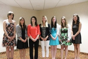 The Naeve Alumni & Nurses Club awarded scholarships at its annual luncheon April 27. From left are Destinee Meyer, who received the Alumni No. 1 scholarship, Kiley Benken, who received the Alumni No. 2 scholarship, Mary Bjorklund, who received the Alumni No. 3 scholarship, Emily Dahl, who received the Mildred Scherb Slagle memorial, Brenna Vanengelenburg, who received the Marge Mutschler memorial, Kelly Wessling, who received the Evelyn Stadheim memorial, and MacKenzie Baumann, who received the Tillie Richter memorial. Not pictured: Silas Randall, who received the Jennie Nelson Haertel memorial. Each scholarship is in the amount of $1,000 and the recipient must be entering or have completed one year of a registered nursing program. Notices of our scholarships are sent to 10 area guidance counselors and 11 newspapers. Every effort is made to make the selection as bias-free as possible. Applications are mailed to the club’s secretary, who blacks out identifying information before consideration by the scholarship committee. Factors considered by the committee are scholarship, service, demonstrated leadership and community involvement. Members of the scholarship committee are Jeanie Godtland, Rosie Rasmussen and Pam Pleiss.