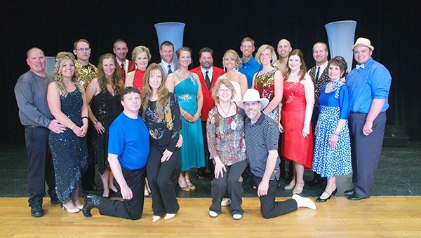 Dancing with the Freeborn-Mower Stars was Saturday at Albert Lea HIgh School. The participants are pictured. In front are dance coaches Brian and Lynette Dawley and JoAnn and Steve Caron. In back are dance couples Josh and Angie Lair, Ryan Wangen and Laura Hillman, Dennis Dieser and Tricia Dahl, Phil and Afton Wacholz, Jay Paul, master of ceremonies, Jody and Andy Bakken, Susie and Weston Hulst, Julie Schramek and John “James Allen” Wright and Donna Berry and Dylan Kaercher. --Submitted
