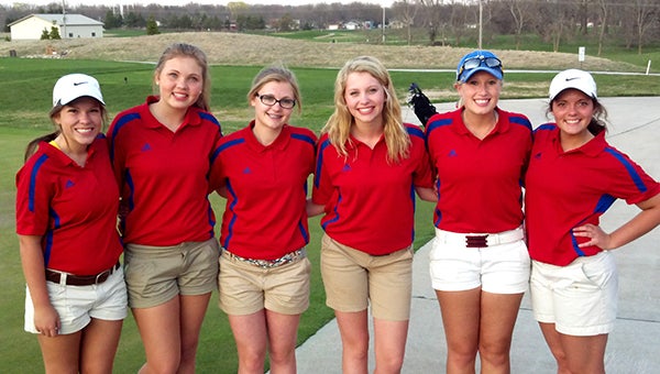 The Albert Lea girls’ golf team improved to 6-0 on the season by winning a triangular against Owatonna and Mankato West Tuesday at Wedgewood Golf Club. The Tigers took down second-place Mankato West by two strokes. Albert Lea also earned fourth place out of seven teams Monday at the Fairmont Invite. From the left are Cammy Tewes, Mady Dahl, Sam Nielsen, Chelsey Battle, Megan Pulley and Makenna Friehl. Pulley has been the medalist at every meet in which Tigers have competed this season. — Submitted