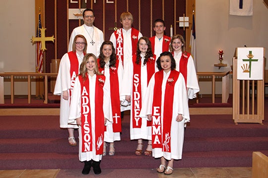 Emmons Lutheran Church held confirmation on April 28. Pictured in back from left are the Rev. Christopher Martin, Nathanial Fovlen and Lucas Akemann. Pictured in the middle row from left are Ashley Henderson, Mallory Baumann, Sydney Dahl and Makenzie Sletten. Pictured in front from left are Addison Fjelstad and Emma Sullivan. --Submitted