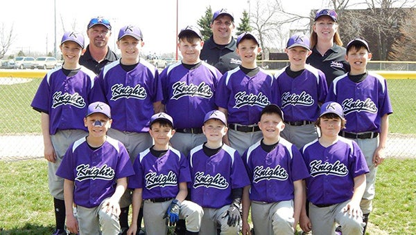 The 11AAA Albert Lea Knights baseball team took third place in the 12U division at the Mason City tournament on April 27th and 28th. Front row from the left are Carter Simon, Trenton Lehner, Logan Howe, Caden Reichl and Nathan Siefken. Middle row from the left are Dalton Larson, Jake Tasker, Gavyn Tlamka, Connor Veldman, Koby Hendrickson and Carson Stadheim. Back row from the left are coaches Tom Simon, Steven Lehner and Kelly Hendrickson. — Submitted