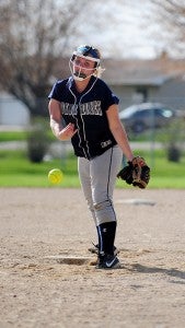 Bre Lundmark throws a pitch for Glenville-Emmons Monday against Alden-Conger. Lundmark didn't allow any runs in the first four innings of the game. — Micah Bader/Albert Lea Tribune  