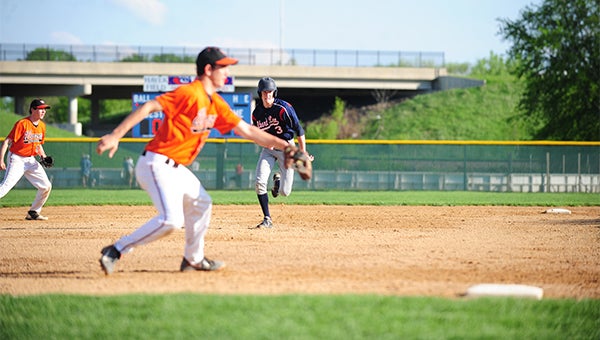 Dylan See-Rockers, a senior from Albert Lea, sprints to third base during a doubleheader against Winona at Hayek Field on Senior Night. — Micah Bader/Albert Lea Tribune 
