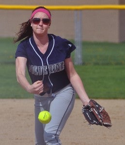Glenville-Emmons’ Madi Ziebell fires a pitch against Blooming Prairie in the first round of the Section 1A West Division softball tournament Monday. — Rocky Hulne/Albert Lea Tribune