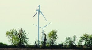A wind turbine near Dexter awaits repairs off Interstate 90 after one of the 37-meter, 14,000-pound blades was likely struck by lightning in April, according to EDF Renewable Energy officials. --Matt Peterson/Albert Lea Tribune
