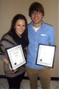 The Albert Lea Exchange Club presented Karli Kriewall and Adam Herbst with Student of the Month awards. --Submitted