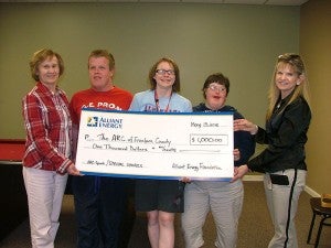 The Alliant Energy Foundation recently granted $1,000 to the Arc of Freeborn County in support of its sports and special olympics programs. Pictured from left are Jo Lowe, Arc director, special olympians Joey Haines, Twilla Coleman and Tonya Thofson and Alliant Energy’s Key Account Manager, Rebecca Gisel. Sixteen athletes from Freeborn County competed in the Area 10 Special Olympics track and field meet in Rochester on May 18. -- Submitted