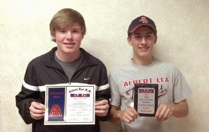 At the Albert Lea baseball awards banquet, Parker Mullenbach, left, earned the Three-Sport Athlete Award for participating in football, baseball and wrestling. Tanner Bellrichard was given the Coaches Award. Both players competed at the ninth-grade level. Another rising star, Tyler Pirsig of the junior varsity team was given the Coaches Award. — Submitted