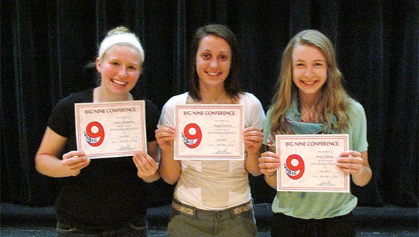 The Albert Lea softball team held its awards banquet Tuesday in the high school auditorium. From left are Taylor Thompson, Megan Kortan and Haley Harms. The trio earned honorable mention All-Conference. Kortan led the team with a .391 batting average, while Thompson was second (.359) and Harms was third (.338). — Submitted