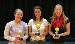 From left, Defensive Player of the Year awards were presented to Alana Skarstad of the ninth grade team, Megan Kortan of the varsity team and Allison Grandstrand of the junior varisty team. — Submitted  
