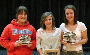 From left Offensive Player of the Year awards were presented to Kathryn Flaherty of the ninth grade team, Rachel Wallin of the junior varisty team and Megan Kortan  of the varisty team. — Submitted   