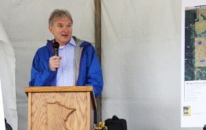 Donor John Goetz speaks to attendees of the dedication Thursday of the Wo Wacintanka State Wildlife Management Area. Wo Wacintanka is a Dakota term for “to persist in spite of difficulties.” Much of the property used to be farmland.
