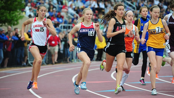 Chrissy Monson starts the 3,200-meter run Friday at the state track meet at Hamline University. Monson took 15th place with a time of 11:10.73. Her seed time was 11:11.92. — Micah Bader/Albert Lea Tribune