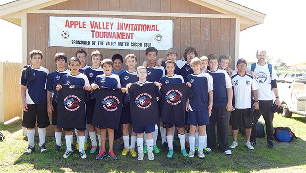 The Albert Lea 14U boys’ soccer team won its division June 2 at the Apple Valley Tournament. Albert Lea earned two wins and a tie to win the championship. From left are Solomon Kelly, Ricky Ortiz, Jesus Gonzalez, Ethan Lunning, Dylan Hansen, Austin Dulitz, Jose DeLeon, Zach Schneider, Landon Kirchner, Mitchell Evans, Anthony Cincoski, Sam Ehrhardt, Dawson Luttrell, Brody Schumaker, Noah Iverson, Adam Nelson, Logan Petersen and coaches Mike Ortiz and Mac Ehrhardt. Joseph Peterson and Christian Talamantes are not pictured. Gonzalez earned the Player of the Game award in the first two games, and DeLeon was the Player of the Game in the final game. — Submitted