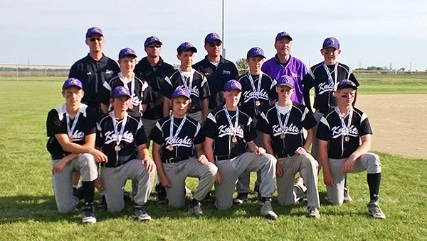 The Albert Lea Knights 13AAA baseball team earned third place at the Mankato Royals tournament June 1 and 2. Front row from the left are Dillan Lein, Logan Stadheim, Bergan Lundak, Zach Edwards, Alex Goodmanson and Alex Bledsoe. Middle row from the left are Ty Harms, Jacob Bordewick, Alex Romer and Garret Piechowski. Back row from the left are coaches Kelly Bordewick, Dan Harms, Mike Piechowski and Grant Edwards. In pool play, the Knights beat Rosemount 8-5, lost to Shakopee 9-8 and advanced to bracket play with a 6-3 win over Roseville. The game ended with a three-run walk-off home run by Alex Bledsoe. In the semifinals, the Knights lost 11-6 to the Minneapolis Millers. The 13AAA team captured third place in the tournament by beating New Ulm 6-3. Next, the 13AAA Knights will play in a tournament at Bloomington Friday through Sunday. — Submitted