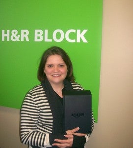 Laura Davis was the winner in H&R Block’s drawing for a Kindle Fire HD tablet. Clients were able to enter by referring friends and family to H&R Block. --Submitted