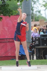 United South Central/Alden-Conger’s Amanda Allis throws the shot put at the Class A state track meet in St. Paul on Saturday. Allis took third place. — Rocky Hulne/Albert Lea Tribune