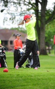 Kyley Bullerman of United South Central tees off on the first hole of the front nine at the Class AAA state tournament. — Micah Bader/Albert Lea Tribune              