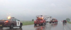 A fifth-wheel trailer came off of its hitch Wednesday evening on Interstate 90 between Alden and Albert Lea. --Rich Mirelli/Albert Lea Tribune