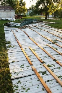 A severe thunderstorm that delivered strong winds and hail to Wells ripped the metal roof off of a building belonging to Pioneer seeds. -- Tim Engstrom/Albert Lea Tribune