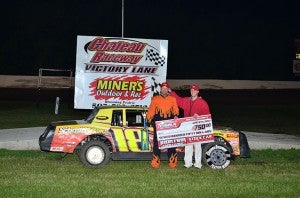 The USRA Iron Man Stock Car feature was won by Tom Schmitt after a three-wide battle for the lead with a few laps to go June 6 at Chateau Raceway in Lansing. — Buck Monson/Albert Lea Tribune   
