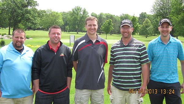 Adam Vaske, middle, made a hole-in-1 June 14 at Rice Lake Country Club during a 3-person best-shot golf tournament. From the left are Tim Richter, Burke Arndorfer, Vaske, Jeremy Ortman and Russ Vaske. — Submitted