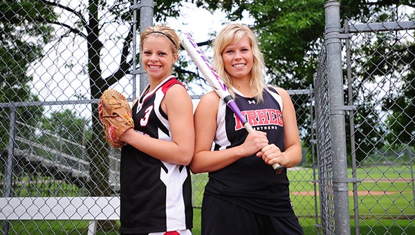 Allison Songstad, left, of Alden-Conger and Tara Simon of New Richland-Hartland-Ellendale-Geneva completed exceptional seasons on the softball diamond. Songstad and Simon are the Tribune’s 2013 softball co-Players of the Year. — Micah Bader/Albert Lea Tribune