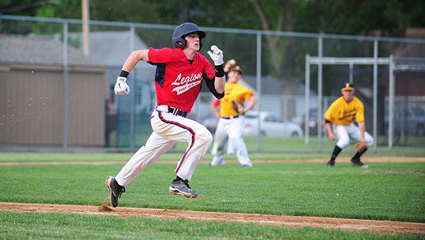 Johnathan Fleek of Albert Lea/Austin sprints down the first base line after a bunt Tuesday against Faribault in game one of a doubleheader at Hayek Field in Albert Lea. Faribault won game one 2-1 and Albert Lea/Austin won game two 7-5. — Micah Bader/Albert Lea Tribune