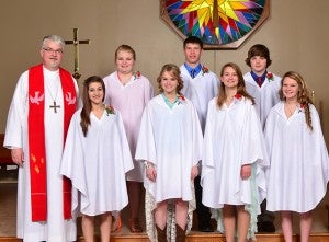 Seven confirmands affirmed their faith and participated in the rite of confirmation at Ascension Church on May 5. In the front row are the Rev. Mark Boorsma, Elizabeth Hutchins, Ashley Krowiorz, Kayla Overland and Skye Yotter. In the back row are Desirae Heideman, Sam Moyer and Cory Siefken. --Submitted